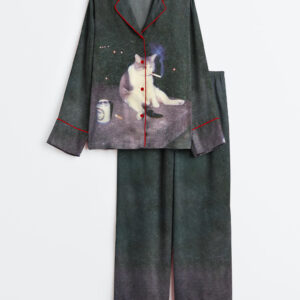 Womenâ€™s Fat Cat Smoking And Drinking Long Sleeve Satin Pajama Set