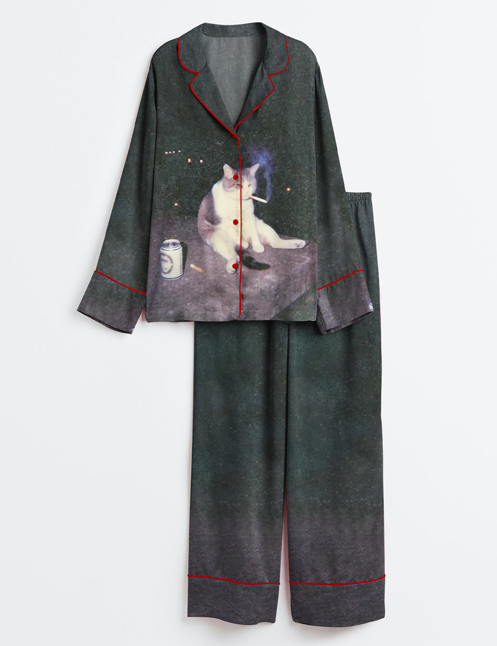 Women's Fat Cat Smoking And Drinking Long Sleeve Satin Pajama Set