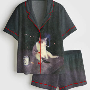 Womenâ€™s Fat Cat Smoking And Drinking Short Sleeve Satin Pajama Set