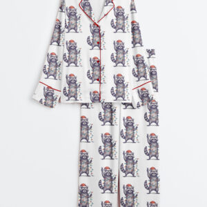 Womenâ€™s Feral And Festive Raccoon Funny Christmas Raccoon Long Sleeve Satin Pajama Set