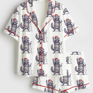 Womenâ€™s Feral And Festive Raccoon Funny Christmas Raccoon Short Sleeve Satin Pajama Set