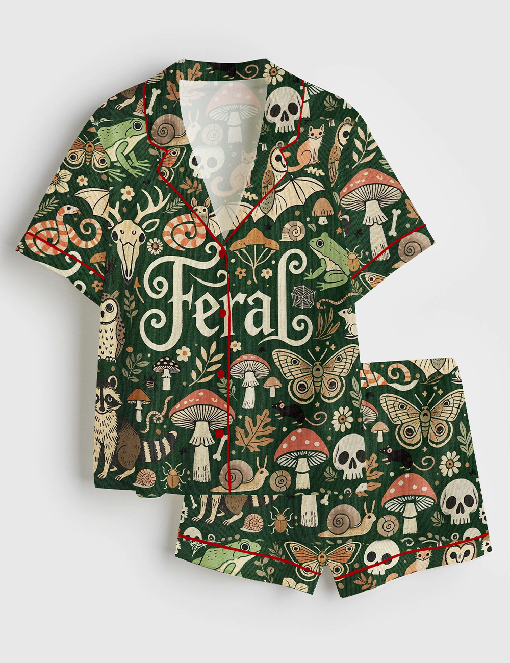 Women’s Feral Goblincore Cute Skeleton Moss & Raccoon Nature Lover Short Sleeve Satin Pajama Set
