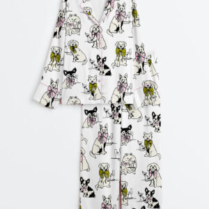 Womenâ€™s Festival Martini Drinks Clip Hand Drawn Martini Glass With Bartender Dog Print Long Sleeve Satin Pajama Set