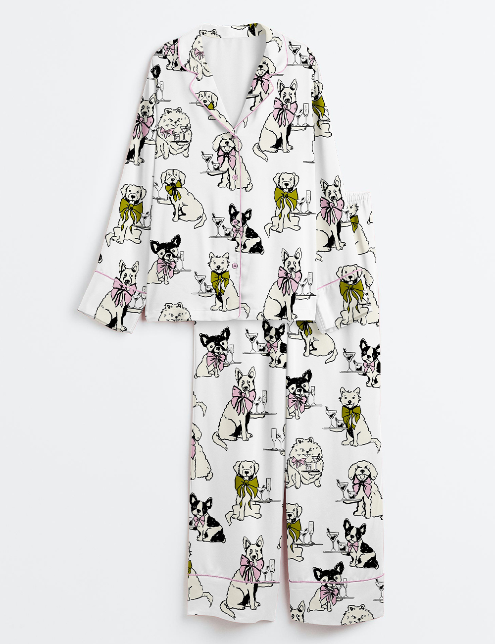 Womenâ€™s Festival Martini Drinks Clip Hand Drawn Martini Glass With Bartender Dog Print Long Sleeve Satin Pajama Set