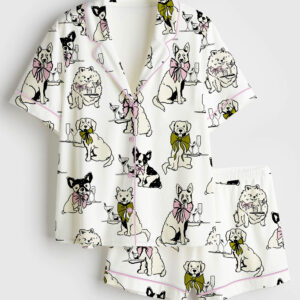 Womenâ€™s Festival Martini Drinks Clip Hand Drawn Martini Glass With Bartender Dog Print Short Sleeve Satin Pajama Set