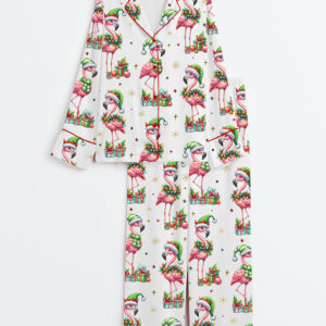 Womenâ€™s Festive Christmas Flamingo Holiday Animal Long Sleeve Satin Pajama Set