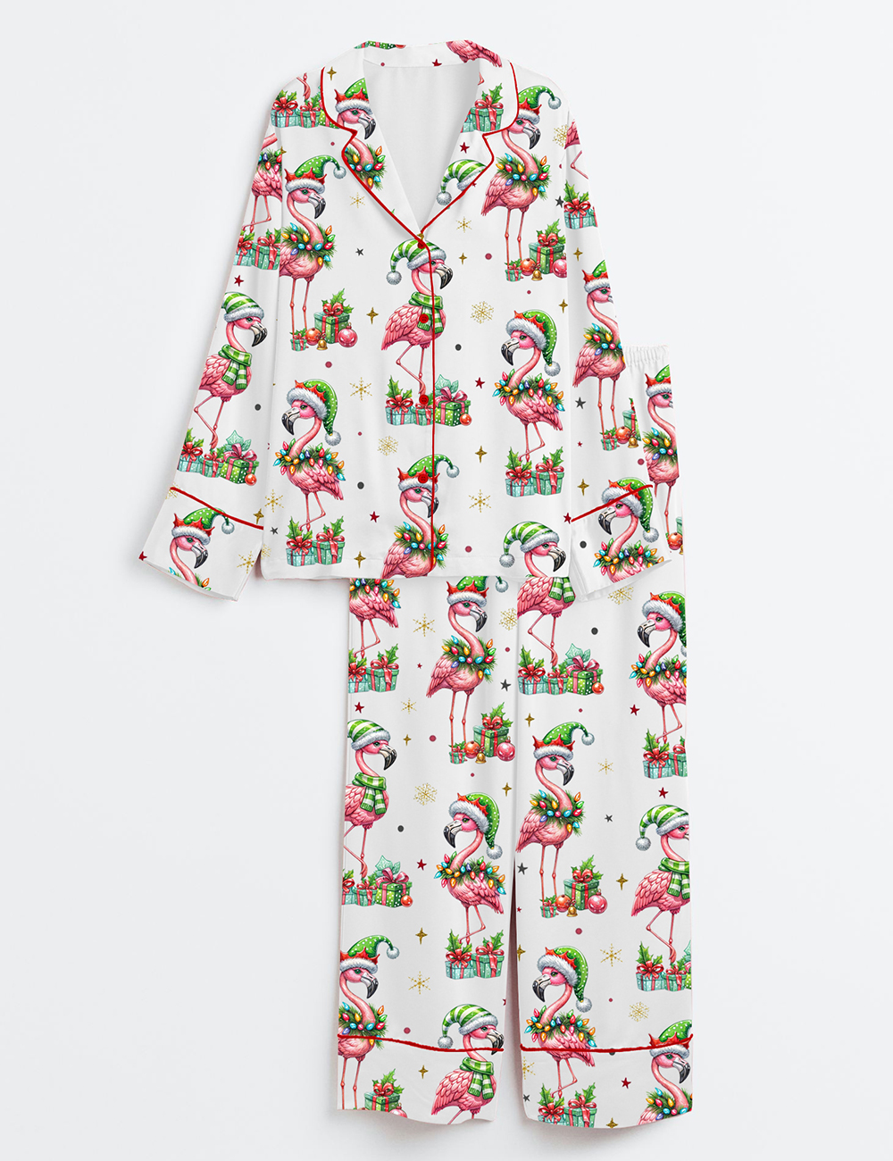 Womenâ€™s Festive Christmas Flamingo Holiday Animal Long Sleeve Satin Pajama Set