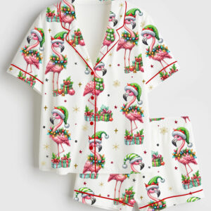 Women's Festive Christmas Flamingo Holiday Animal Short Sleeve Satin Pajama Set