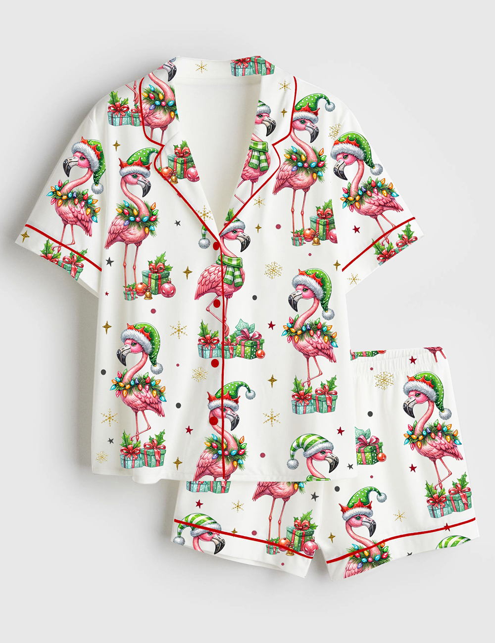 Womenâ€™s Festive Christmas Flamingo Holiday Animal Short Sleeve Satin Pajama Set