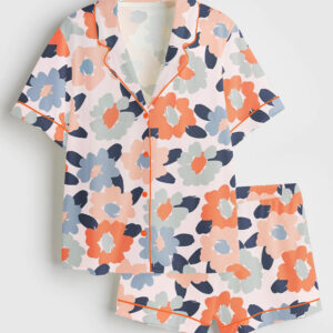 Women's Field Of Flowers Pastel Floral Short Sleeve Satin Pajama Set