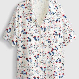 Womenâ€™s Fireworks 4th Of July Short Sleeve Linen Blend Hawaiian Shirt