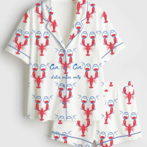Womenâ€™s Fisherman Aesthetic Dalce Vibes Coastal Lobster Ocean Italian Girl Travel Wine Champagne Short Sleeve Satin Pajama Set
