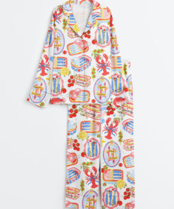 Women's Fisherman Aesthetic Sardines Cute Sardines Can Girly Summer Tinned Fish Coastal Nautical Summer Ocean Beach Vibes Print Long Sleeve Satin Pajama Set