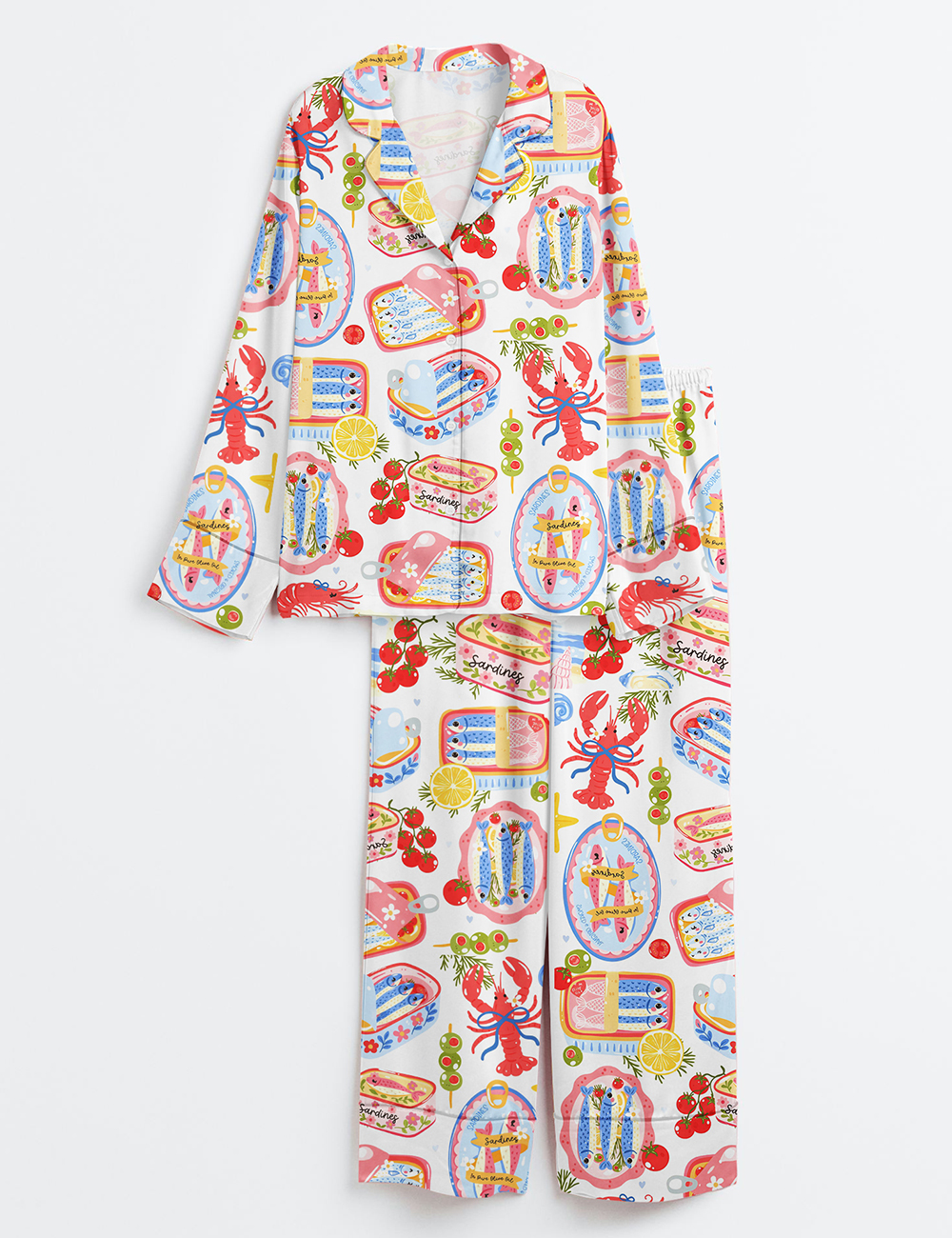 Women’s Fisherman Aesthetic Sardines Cute Sardines Can Girly Summer Tinned Fish Coastal Nautical Summer Ocean Beach Vibes Print Long Sleeve Satin Pajama Set