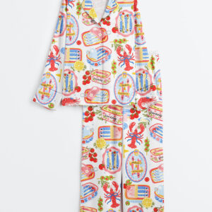 Women's Fisherman Aesthetic Sardines Cute Sardines Can Girly Summer Tinned Fish Coastal Nautical Summer Ocean Beach Vibes Print Long Sleeve Satin Pajamas Set