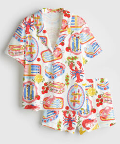 Women's Fisherman Aesthetic Sardines Cute Sardines Can Girly Summer Tinned Fish Coastal Nautical Summer Ocean Beach Vibes Print Short Sleeve Satin Pajama Set