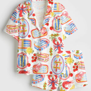 Womenâ€™s Fisherman Aesthetic Sardines Cute Sardines Can Girly Summer Tinned Fish Coastal Nautical Summer Ocean Beach Vibes Print Short Sleeve Satin Pajama Set