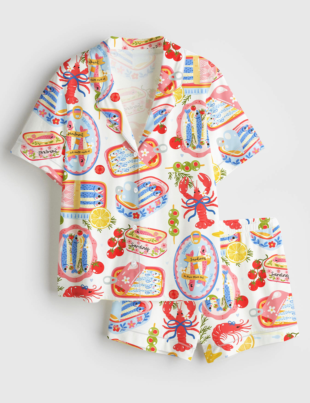 Women’s Fisherman Aesthetic Sardines Cute Sardines Can Girly Summer Tinned Fish Coastal Nautical Summer Ocean Beach Vibes Print Short Sleeve Satin Pajama Set