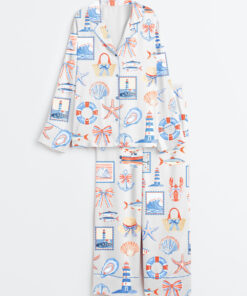 Women's Fisherman Travel Aesthetic Coastal Coquette Fisherman Print Long Sleeve Satin Pajama Set