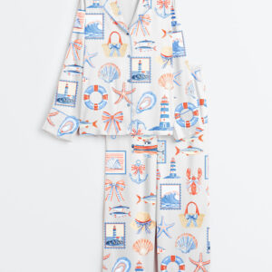 Women's Fisherman Travel Aesthetic Coastal Coquette Fisherman Print Long Sleeve Satin Pajama Set