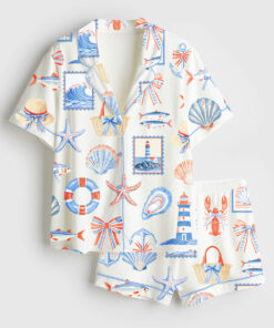 Women's Fisherman Travel Aesthetic Coastal Coquette Fisherman Print Short Sleeve Satin Pajama Set