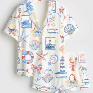 Womenâ€™s Fisherman Travel Aesthetic Coastal Coquette Fisherman Print Short Sleeve Satin Pajama Set