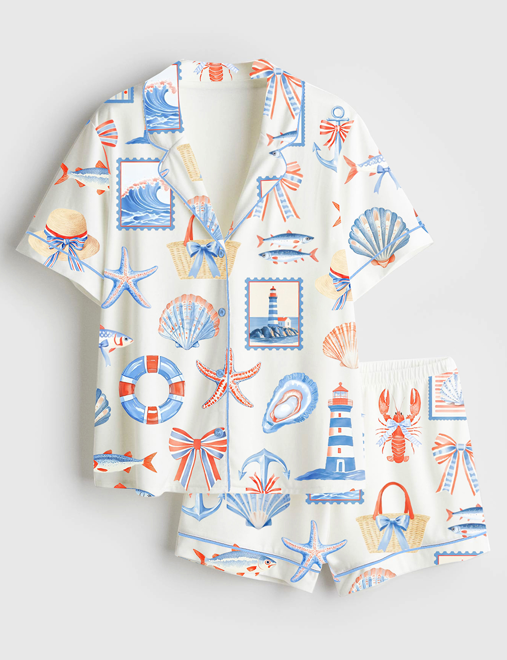 Womenâ€™s Fisherman Travel Aesthetic Coastal Coquette Fisherman Print Short Sleeve Satin Pajama Set