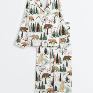 Women's  Fishing Bear Woodland Long Sleeve Satin Pajama Set