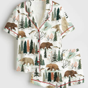 Women's  Fishing Bear Woodland Short Sleeve Satin Pajama Set