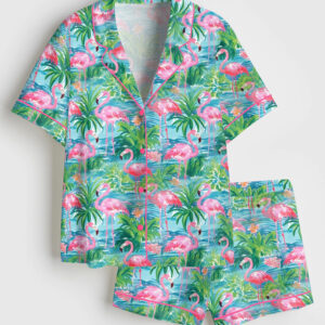Womenâ€™s Flamingo Fling Summer Beach Bachelorette Plant Short Sleeve Satin Pajama Set