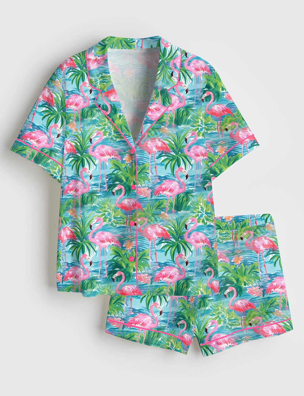 Womenâ€™s Flamingo Fling Summer Beach Bachelorette Plant Short Sleeve Satin Pajama Set
