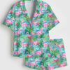 Women's Flamingo Fling Summer Beach Bachelorette Plant Short Sleeve Satin Pajamas Set