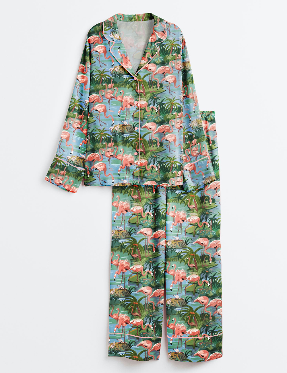 Womenâ€™s Flamingo Lagoon Summer Beach Plant Long Sleeve Satin Pajama Set