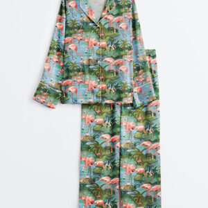 Women's Flamingo Lagoon Summer Beach Plant Long Sleeve Satin Pajama Set