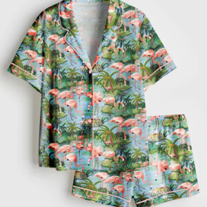 Womenâ€™s Flamingo Lagoon Summer Beach Plant Short Sleeve Satin Pajama Set