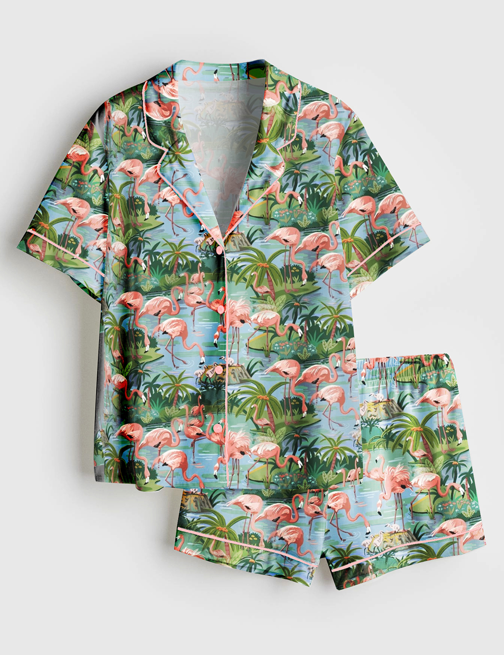 Womenâ€™s Flamingo Lagoon Summer Beach Plant Short Sleeve Satin Pajama Set