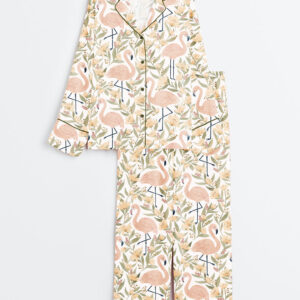 Women's Flamingos Floral Pattern Long Sleeve Satin Pajamas Set
