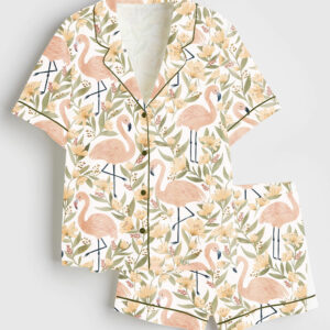 Women's Flamingos Floral Pattern Short Sleeve Satin Pajama Set