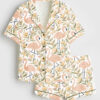Women's Flamingos Floral Pattern Short Sleeve Satin Pajama Set