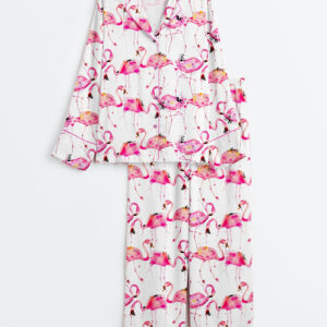 Women's Flamingos Making A Splash Pink lamingo Print Long Sleeve Satin Pajamas Set