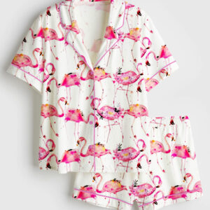 Womenâ€™s Flamingos Making A Splash Pink lamingo Print Short Sleeve Satin Pajama Set