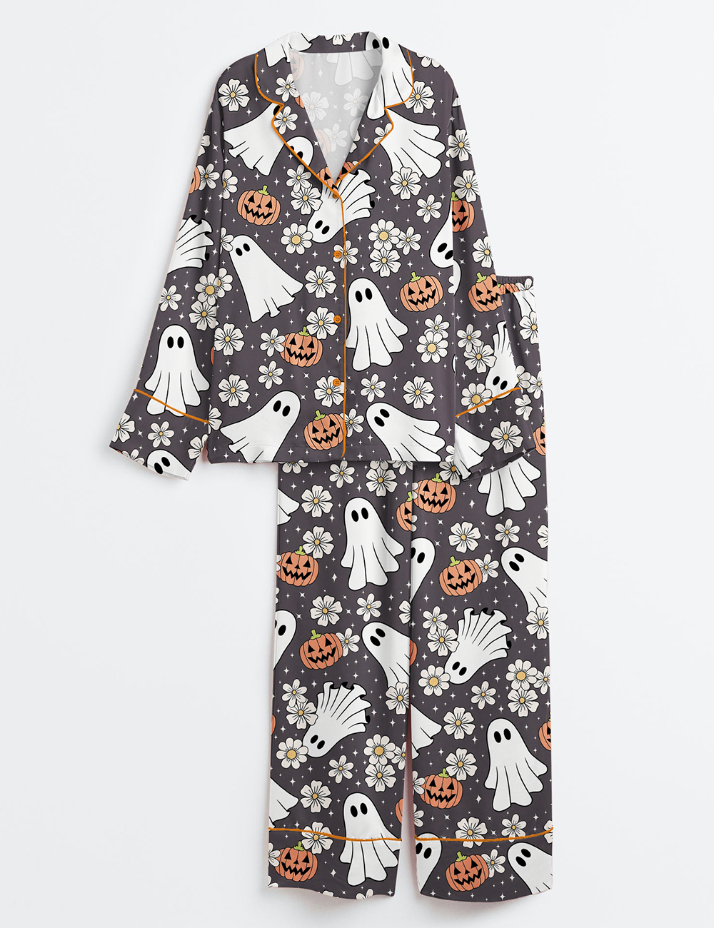 Womenâ€™s Floral Halloween Spooky Ghost Pumpkin Long Sleeve Satin Pajama Set