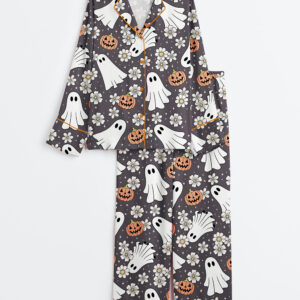 Women's Floral Halloween Spooky Ghost Pumpkin Long Sleeve Satin Pajamas Set