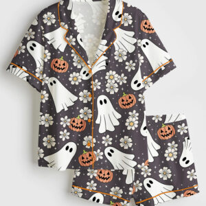 Womenâ€™s Floral Halloween Spooky Ghost Pumpkin Short Sleeve Satin Pajama Set