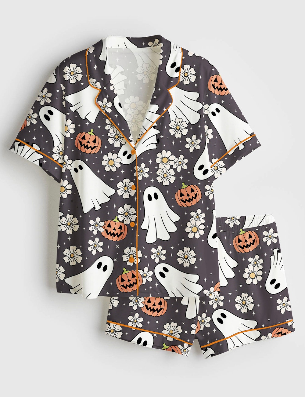 Womenâ€™s Floral Halloween Spooky Ghost Pumpkin Short Sleeve Satin Pajama Set