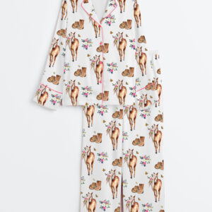 Womenâ€™s Floral Horse Western Cowgirl Boots Long Sleeve Satin Pajama Set