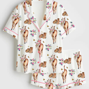 Womenâ€™s Floral Horse Western Cowgirl Boots Short Sleeve Satin Pajama Set