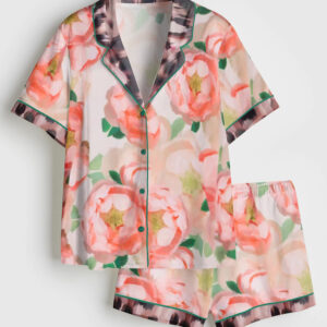 Womenâ€™s Floral Leopard Short Sleeve Satin Pajama Set