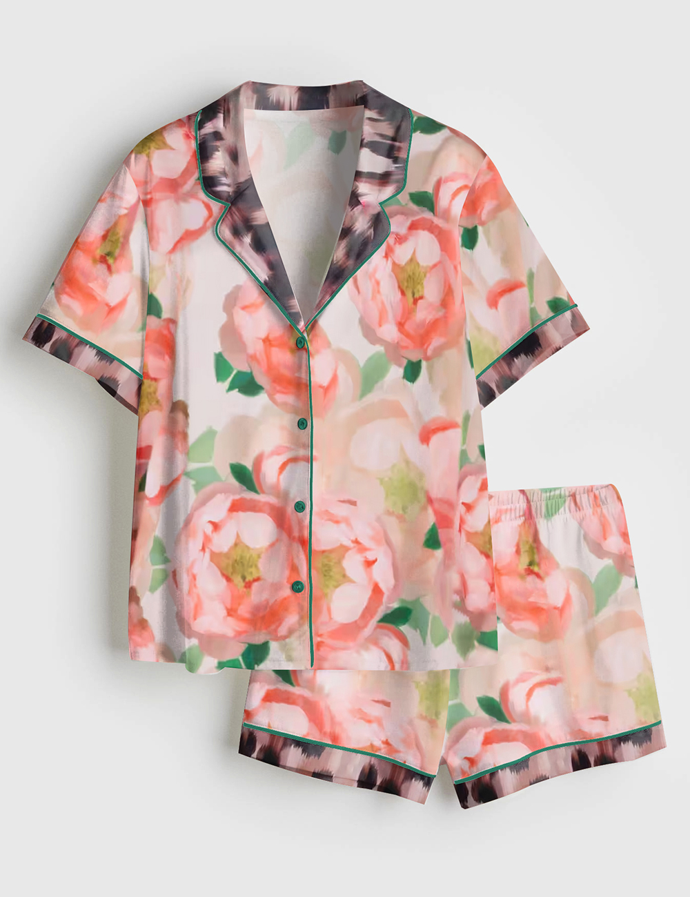 Womenâ€™s Floral Leopard Short Sleeve Satin Pajama Set