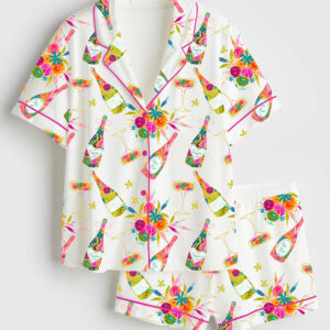 Womenâ€™s Floral Wine Lover Short Sleeve Satin Pajama Set